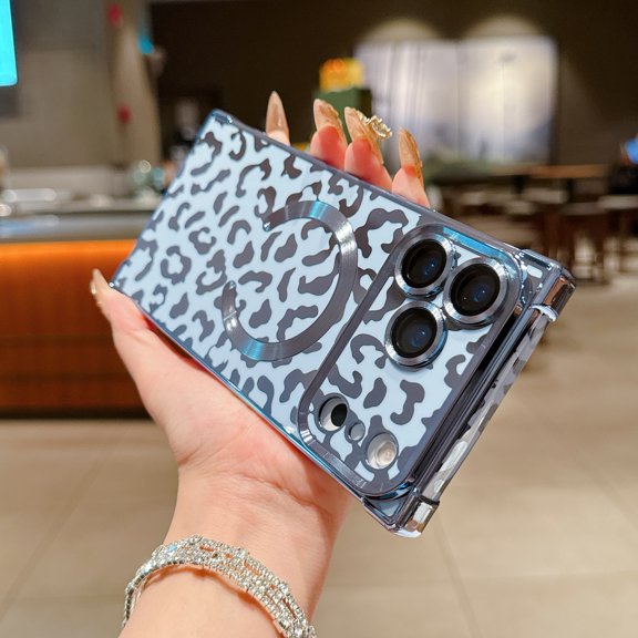 for iPhone 17 Pro Max Case Leopard Print Magnetic with Lens Protector, TPU Plating Shockproof Anti-Scratch Slim Fit Phone Cover for Women Girls, Lightweight Drop Protection Back Case, Blue
