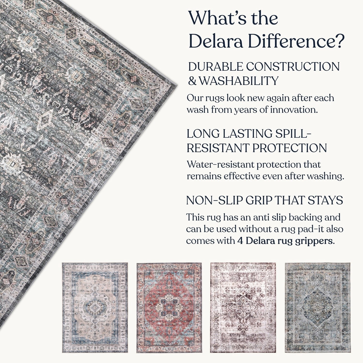Delara 3'x5' Machine Washable Area Rug, Soft & Durable, Non-Slip, Stain Resistant, Twilight Ash, for Bedroom, Living & Dining Room