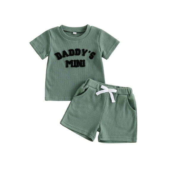 BemeyourBBs Toddler Baby Boys Summer Clothes Daddy's Mini Outfits Letter Embroidery Waffle Knit Short Sleeve Round Neck T shirt Tops and Shorts Set