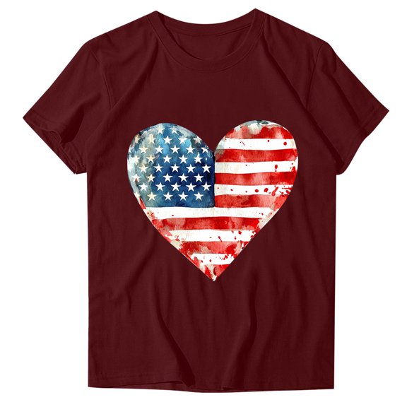 successthop 4th of July Clothes for Women Heart Flags Summer Shirt Festival T Shirts Crewneck Short Sleeve Tops Red XL