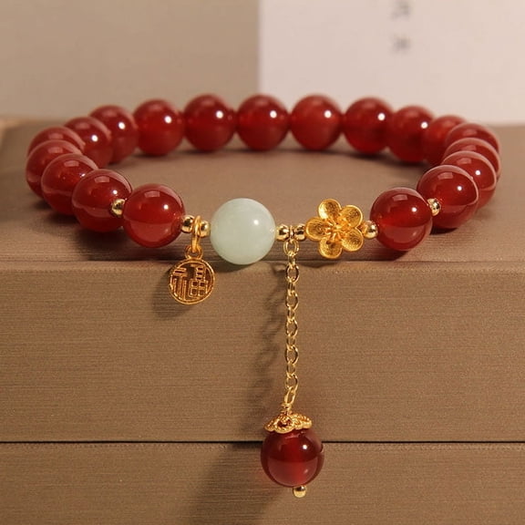[One Luxury Red Agate Beaded] Natural Stone Luxury Red Agate Beaded Bracelet with Natural Stone, Golden Flower Charm and Chinese Coin, Elastic Fit for Daily and Gift Occasions,Red