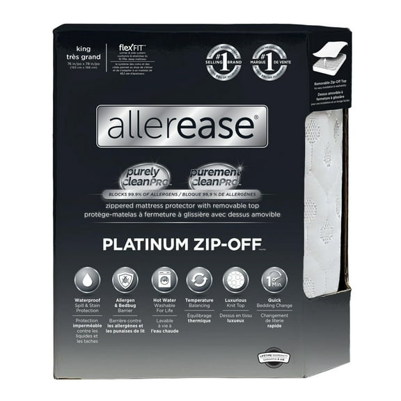 AllerEase Platinum Housse de protection de matelas, taille King, dessus amovible avec fermeture éclair (ZipOff), imperméable, barrière anti-allergènes