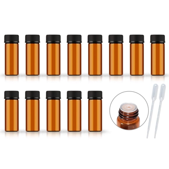AFMNQZ Juego de 50 frascos de vidrio ámbar de 5 ml con reductor de orificio y tapa, pequeños viales de aceite esencial (5 ml)