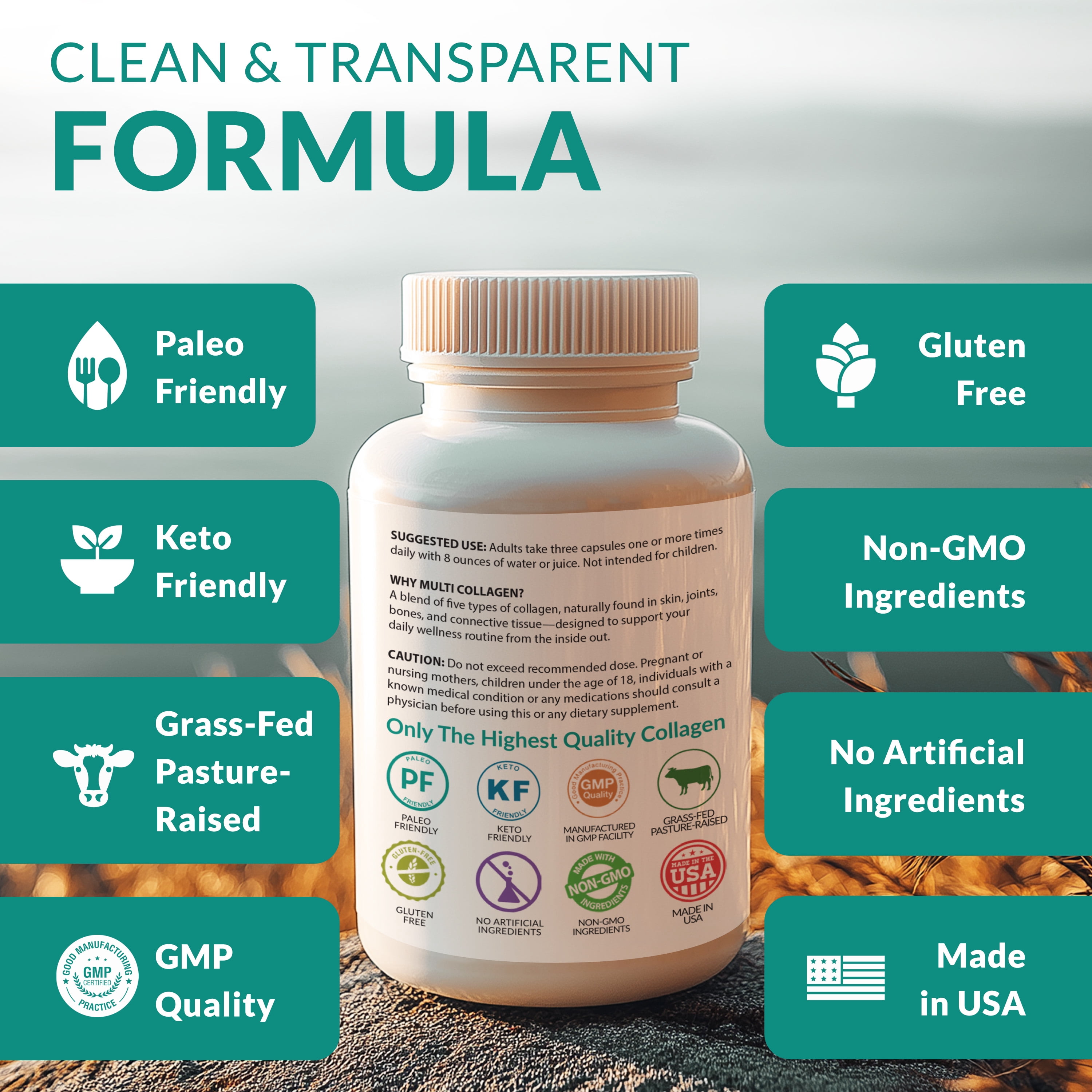 Collagen Pills - 180 Collagen Capsules with Proprietary Blend of Type I, II, III, V, X - 2025mg per serving collagen supplement