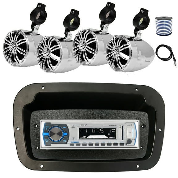 Pyle PLMRB29W Single DIN Bluetooth Marine MP3 Stereo Receiver, Spa bezel, Adapter Plate, 22" Radio Antenna, Wire, 4x 2.25" 10W Max Full Range Waterproof Off-Road Audio Speakers (Chrome)