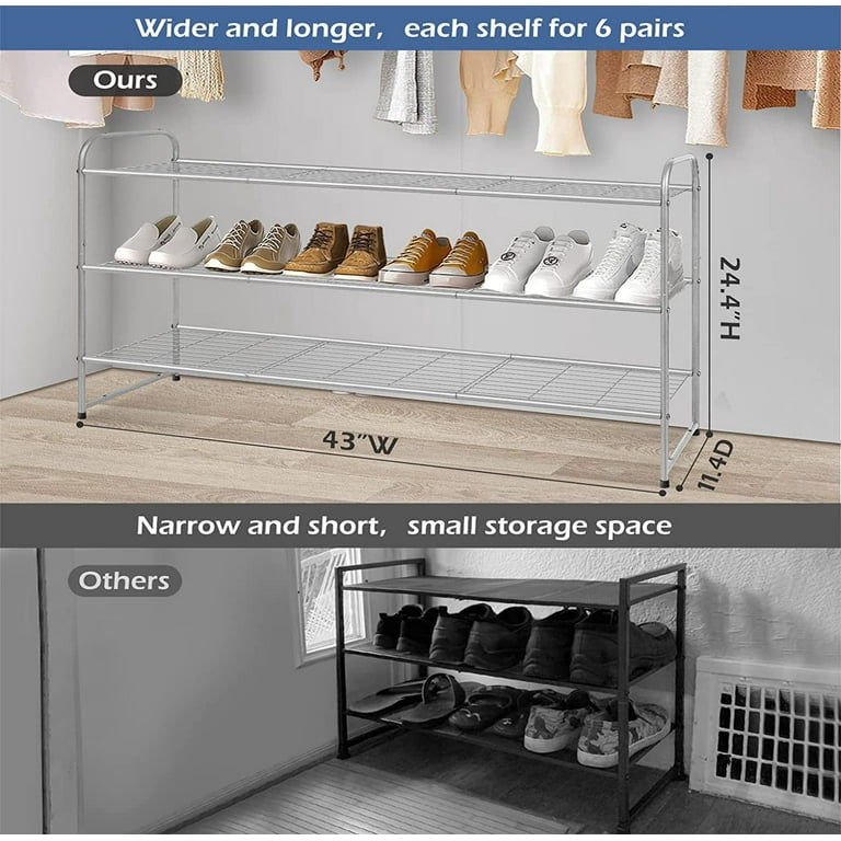 3 Tier Long Shoe Rack For Closet Metal Shoe Organizer For Entryway Wide Stackable Shoe Storage Shelf With Sturdy Wire Grid For Closet Floor Bedroom Grey U2026 Walmart