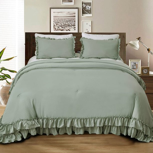 Sage Green Ruffle Comforter Set Queen, Vintage Farmhouse Shabby Ruffled