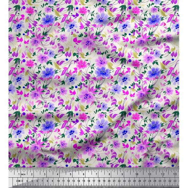 Soimoi Rayon Fabric Leaves & Floral Artistic Printed Fabric 1 Yard 56 Inch Wide