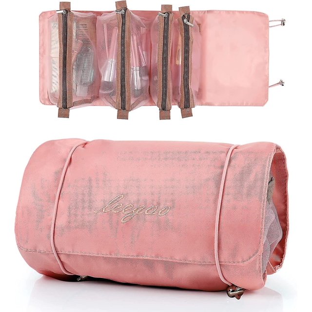 Neceser de viaje para colgar, 4 en 1 Neceser de viaje plegable e impermeable desmontable para mujer, neceser para colgar o neceser de maquillaje, neceser rosa para baño