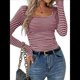 thumbnail image 2 of Camiseta de Punto Gofre A Rayas para Mujer, Cuello Cuadrado, Larga, Fruncida, Corte Ajustado, para Otoño. Rojo Vino XL, 2 of 10