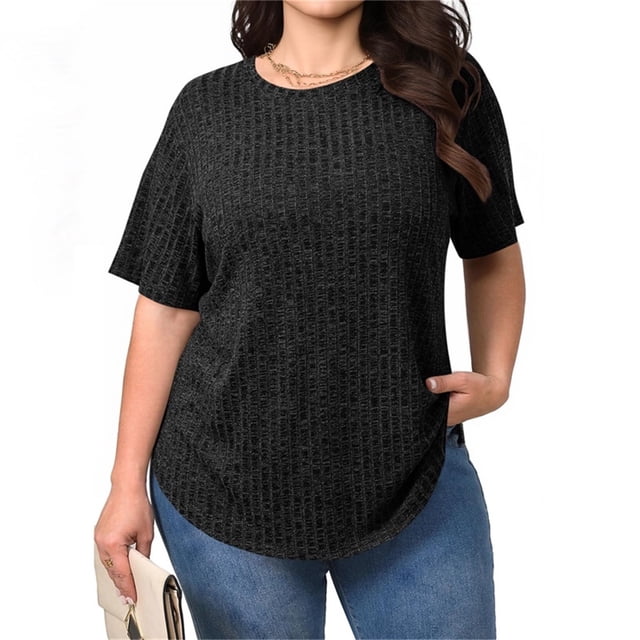TaTaai Plus Size Everyday Top Women, Striped Short Sleeve Round Neck T-Shirt, Loose Fit Five Quarter Sleeve Blouse, Lightweight Soft Casual Apparel Gift