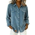 thumbnail image 2 of HongQid Womens Corduroy Shirts Botton Down Lapel Shacket with Pocket Spring Fall Long Sleeve Denim Blue Solid Color Tops, 2 of 3