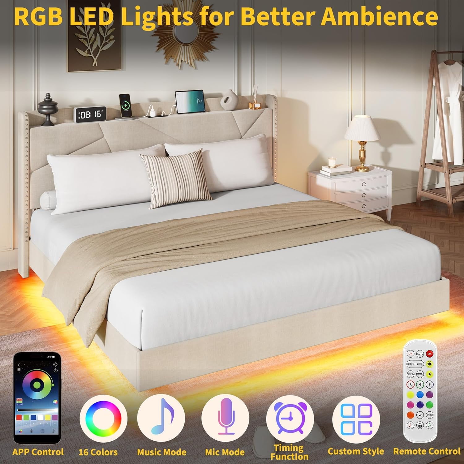 King Size Floating Metal Bed Frame with RGB LED Lights and Charging Station, Upholstered Platform Bed with Storage Headboard and Button Tufted Design, No Box Spring Needed