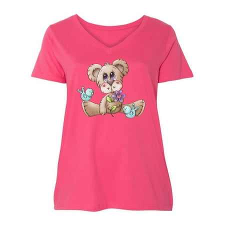 

Inktastic Teddy Bear Bluebirds and Flower Women s Plus Size V-Neck