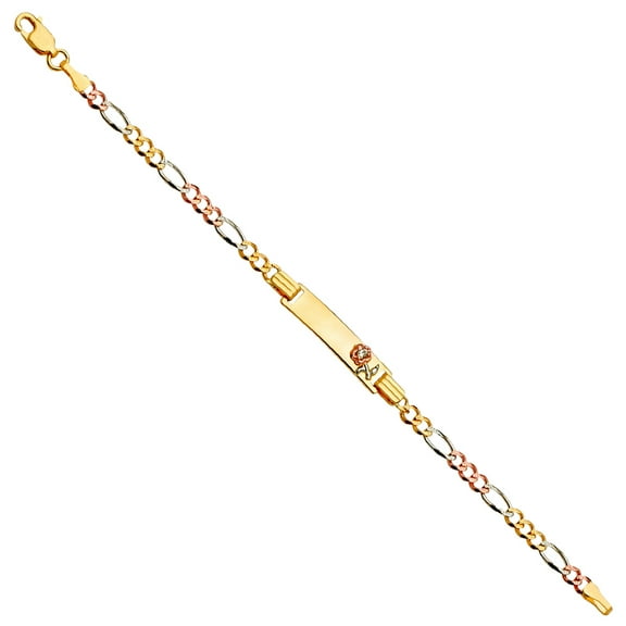 14k Yellow Gold White Gold and Rose Gold Figaro 3 Plus 1 Links 3mm Flower ID Bracelet Identification Bracelet for Women
