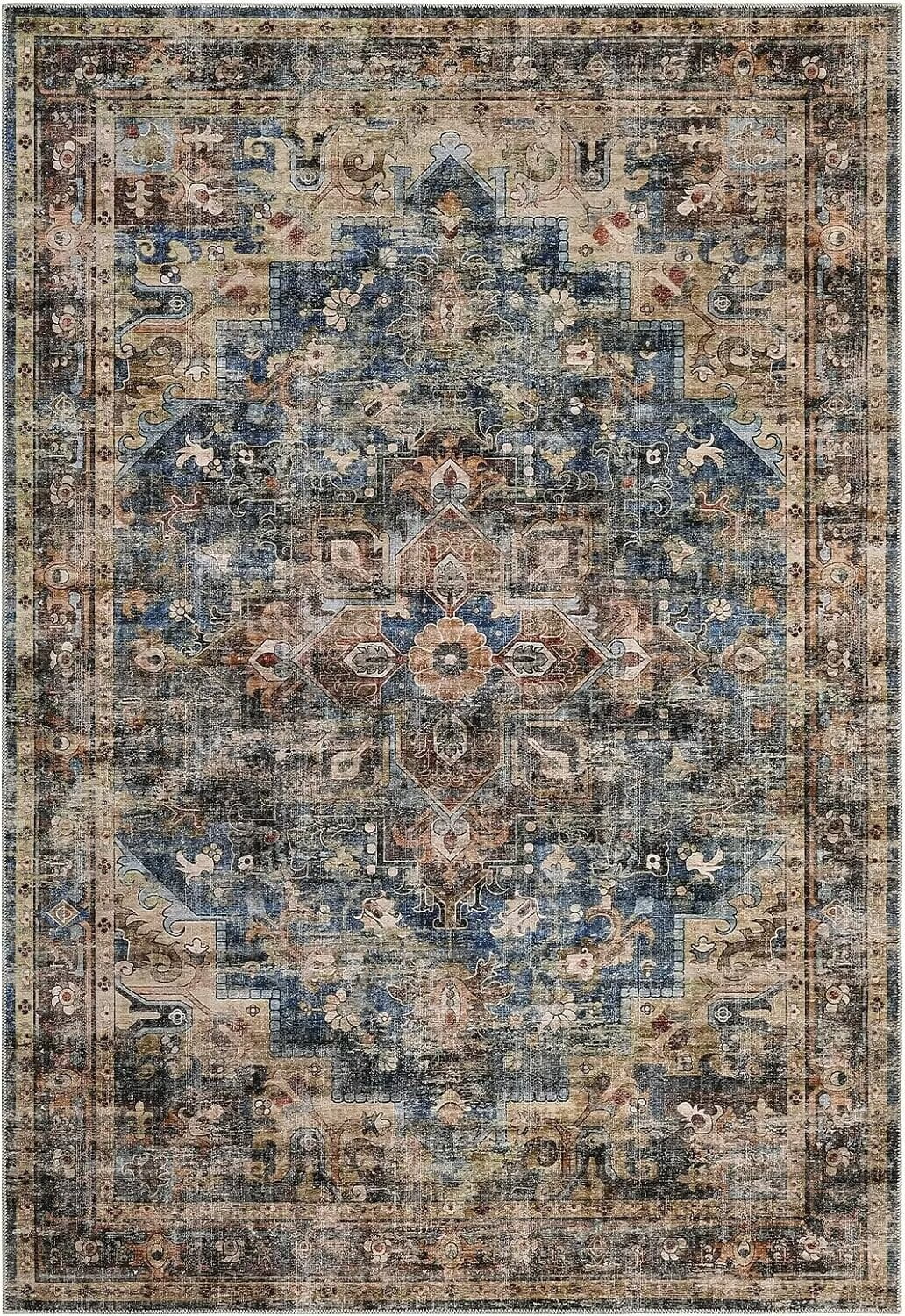Garvee Area Rug 5'x7' Boho Tribal Area Rug Living Room Rug Distressed Vintage Oriental Area Rugs Low Pile Stain Resistant Rug Soft Foldable Rug Home Decor, Blue/Brown