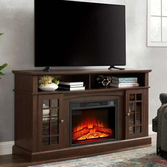 PAPROOS Fireplace TV Stand for 65 Inch TV, Modern Farmhouse TV Cabinet with 23'' Electric Fireplace, Entertainment Center Television Console Table for Living Room, Brown