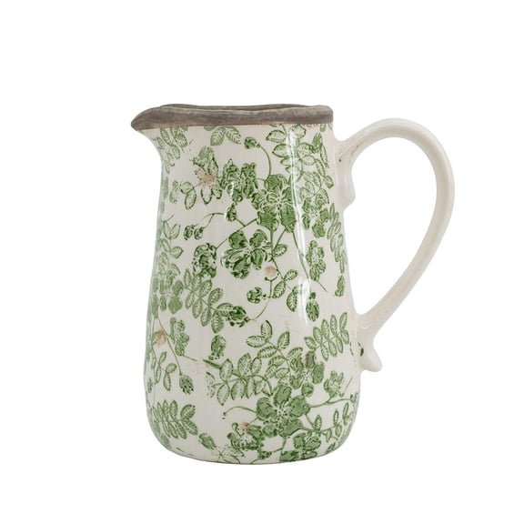 A&B Home White Ceramic Pitcher with Green Floral Motif 6.3" x 4.5" x 7.1"
