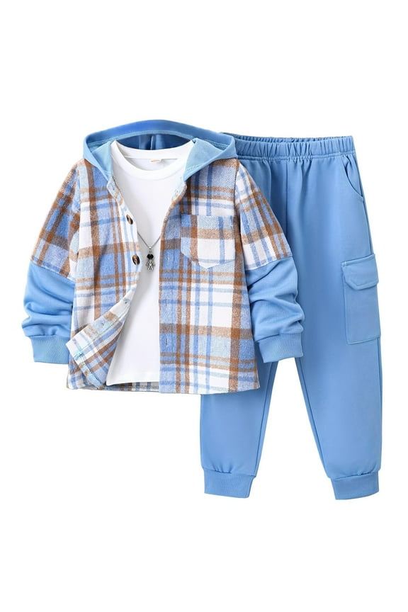 Boys Outfit Sets 2Pcs Flannel Plaid Shirt and Pants Set Hoodie Sweatsuit for Fall Winter Spring Kids Clothes Blue 7-8 Years