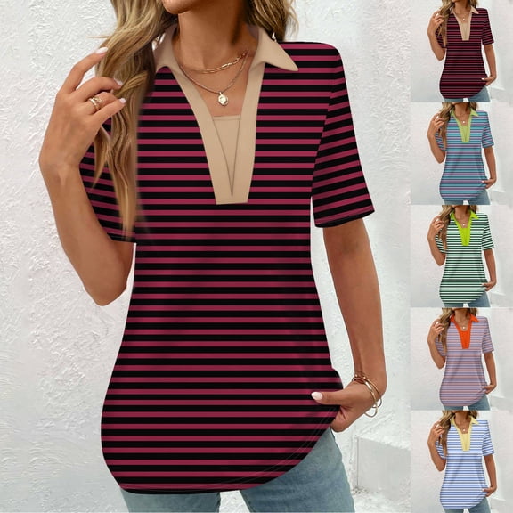 YHAJDS Polo Shirts for Women Short Sleeve Collared Striped Print Casual Fashion Top Blouse