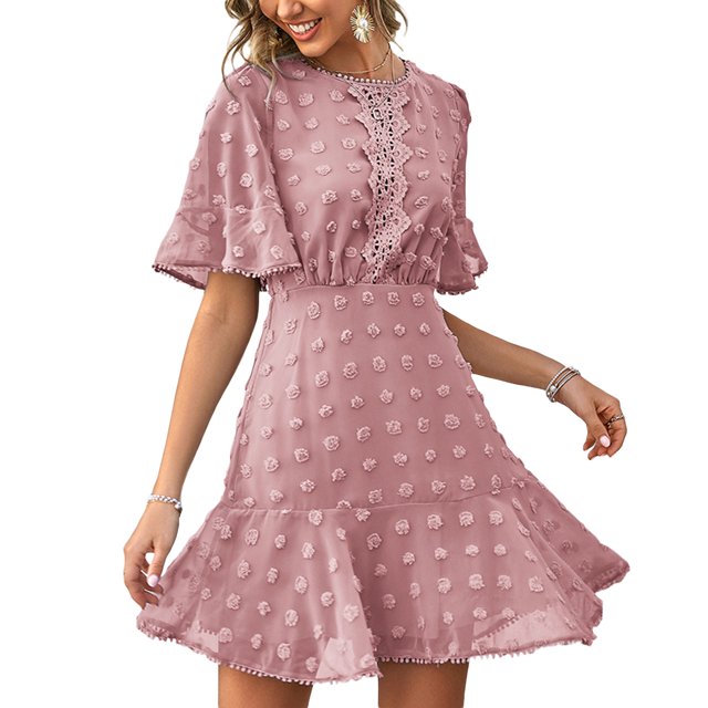 Txlixc Vestido de Manga Corta para Mujer, Patrón de Punto Hueco de Patchwork de Encaje Txlixc Moda