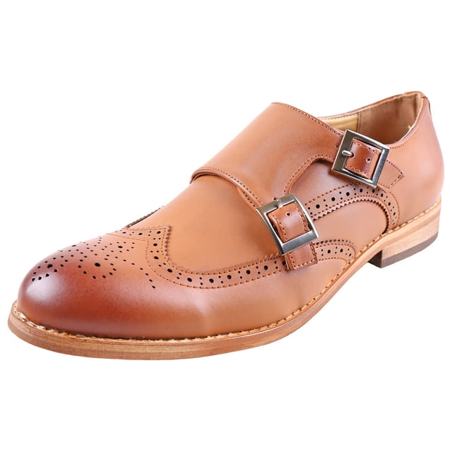 Urban Fox Allen Men's Dress Shoe | Double Monk Strap | Brogue | Wingtip Shoes for Men | Light Brown 14 M US
