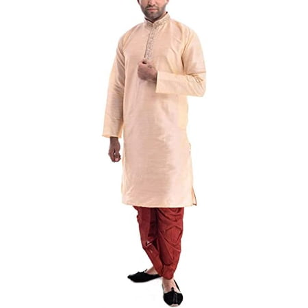 

Royal Kurta Mens Silk Blend Front Embroidery Dhoti Kurta Golden