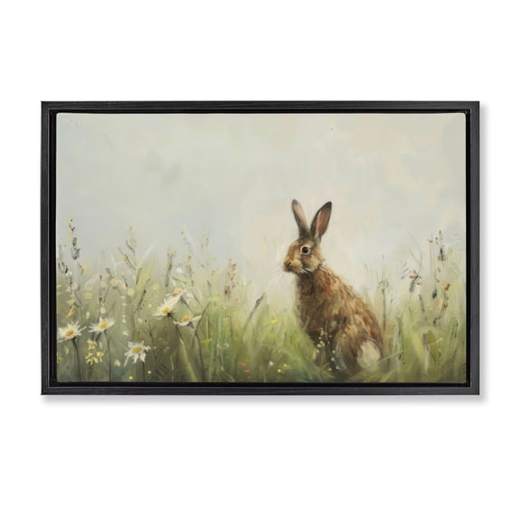 Brown Rabbit with Daisies Black Floating Frame Canvas Art, 25 x 17