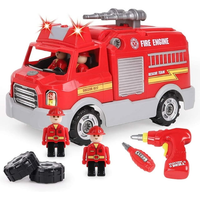 Kit de Desmontaje de Juguete REMOKING, Juguete Educativo de Automóvil para Niños y Niñas, Construye tu Propio Juguete de Automóvil Camión de Bomberos, Juego de Ensamblaje DIY con Herramientas y Taladr