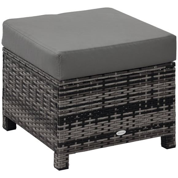 Outsunny Patio Rattan Ottoman with Cushion and Metal Frame for Garden, Grey