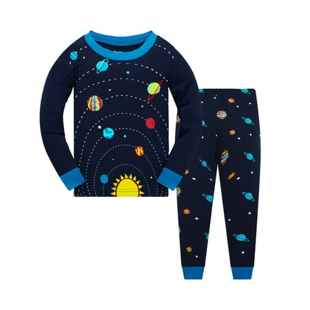 

Popshion Little Boys Long Sleeve Pajamas 100% Cotton Toddler Space Rocket Sleepwear Set(Planet-6461 8 Years)