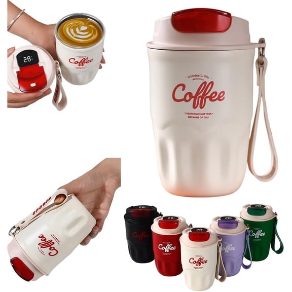 Coffee Vacuum Flask, Portable Coffee Cup with Lid & Handle, Stainless Steel Insulated Water Bottle for Home Office Outdoor, Travel Mug with Carry Strap(White)