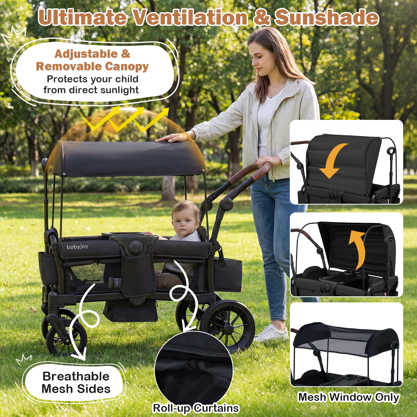 Infans Foldable Wagon Stroller for 2 Kids, Double Seater Toddler Stroller w/ Canopy