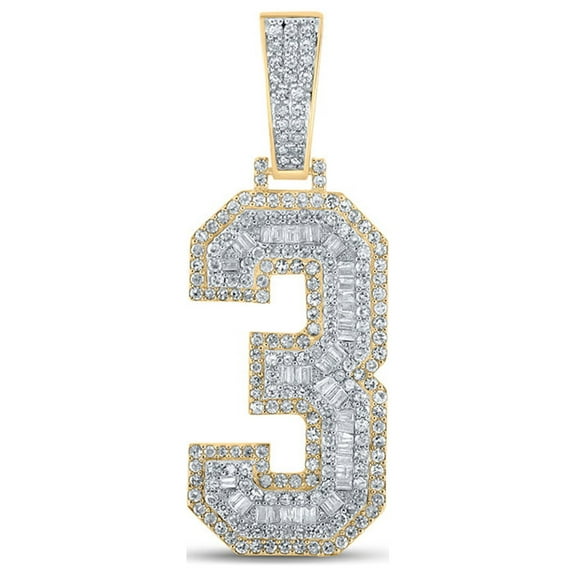 10kt Two-tone Gold Mens Baguette Diamond Number 3 Charm Pendant 1-1/2 Cttw