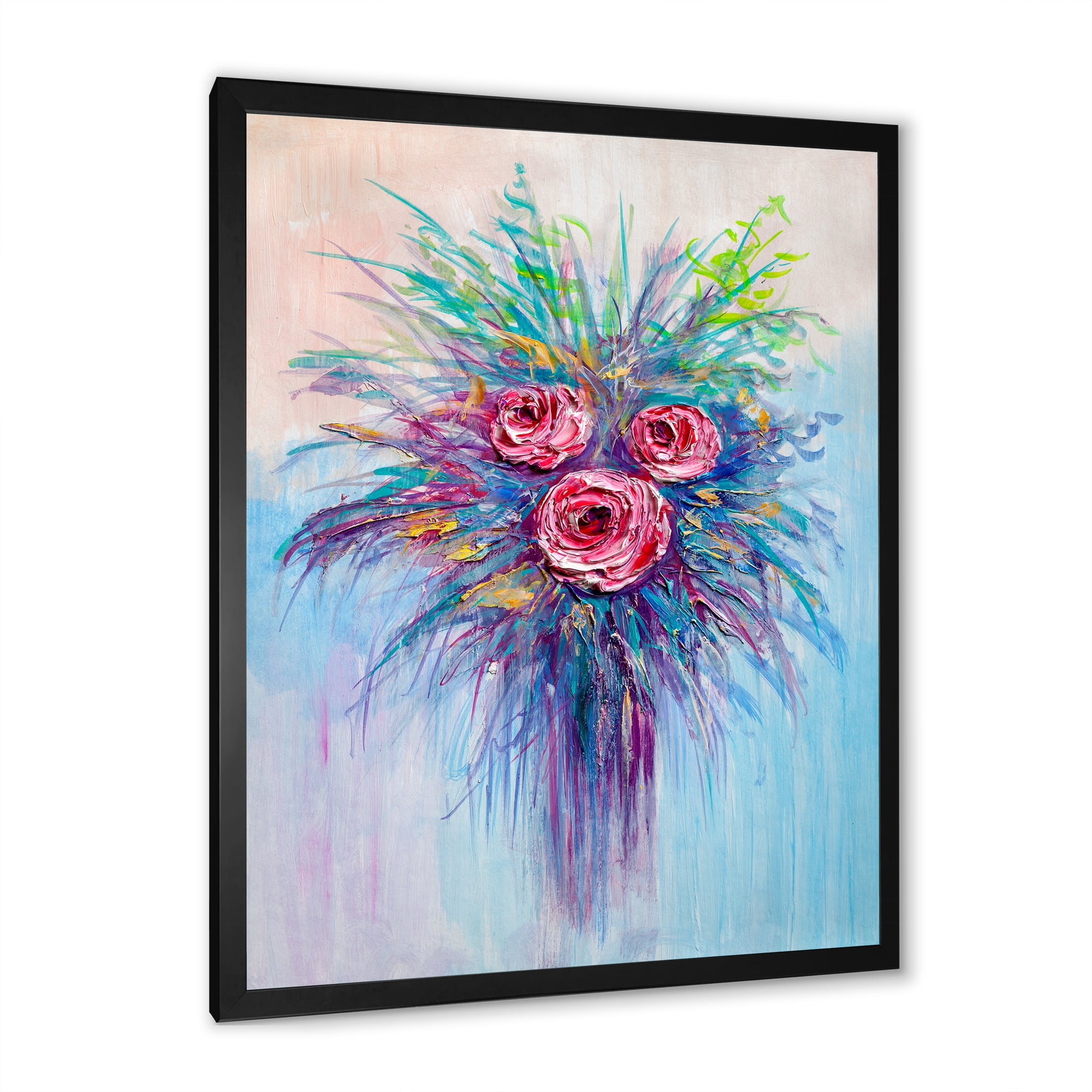 Designart 'Bouquet Of Red Roses In A Vase On Blue' Traditional Framed Art Print