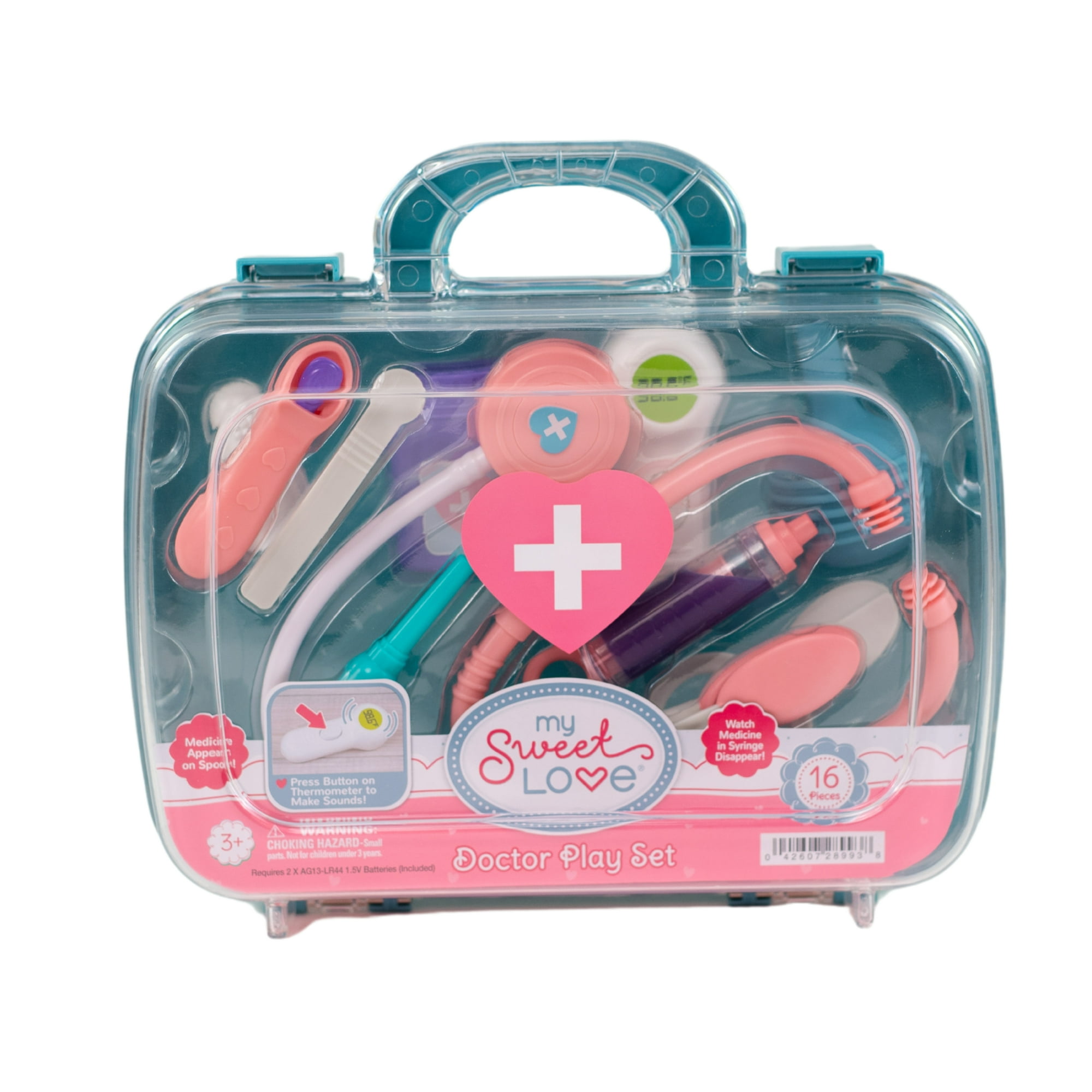 My Sweet Love 16-Piece Baby Doll Doctor Kit with Carry Case, Stethoscope, Thermometer, Syringe & Pretend Medical Accessories, Pink/Blue