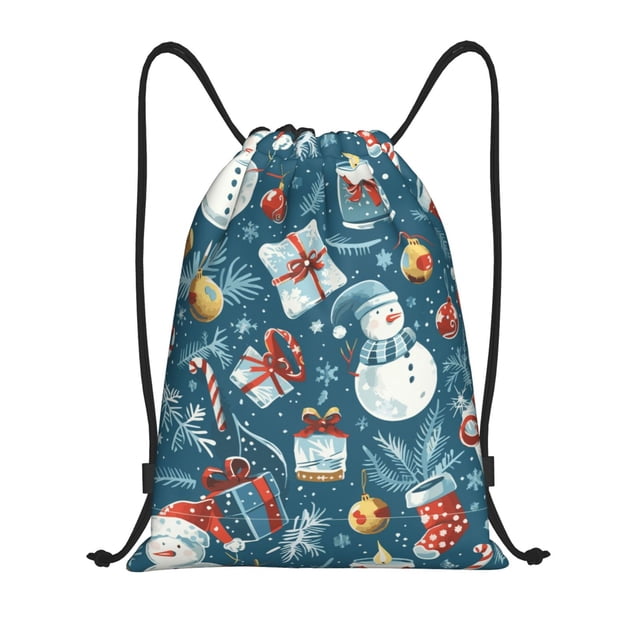 Xecao Christmas Snowman Gift Pattern Sports Drawstring Backpack - String Swim Gym Bag with Wet Proof Pocket for Women&Men-Small