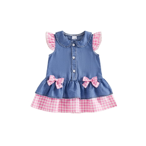 RUINIXCW Toddler Girls Denim Dress Plaid/Cow Pattern Patchwork Buttons Bowknot Decor Doll Collar Fly Sleeve Casual Dress Jeans Dress