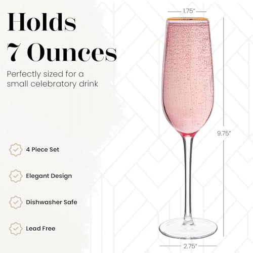 Vikko Champagne Flutes, 7 Ounce Toasting Champagne Flute, Peach with Gold Rim Crystal Clear Champagne Glasses, Set of 4 Elegant Sparkling Wine Glass