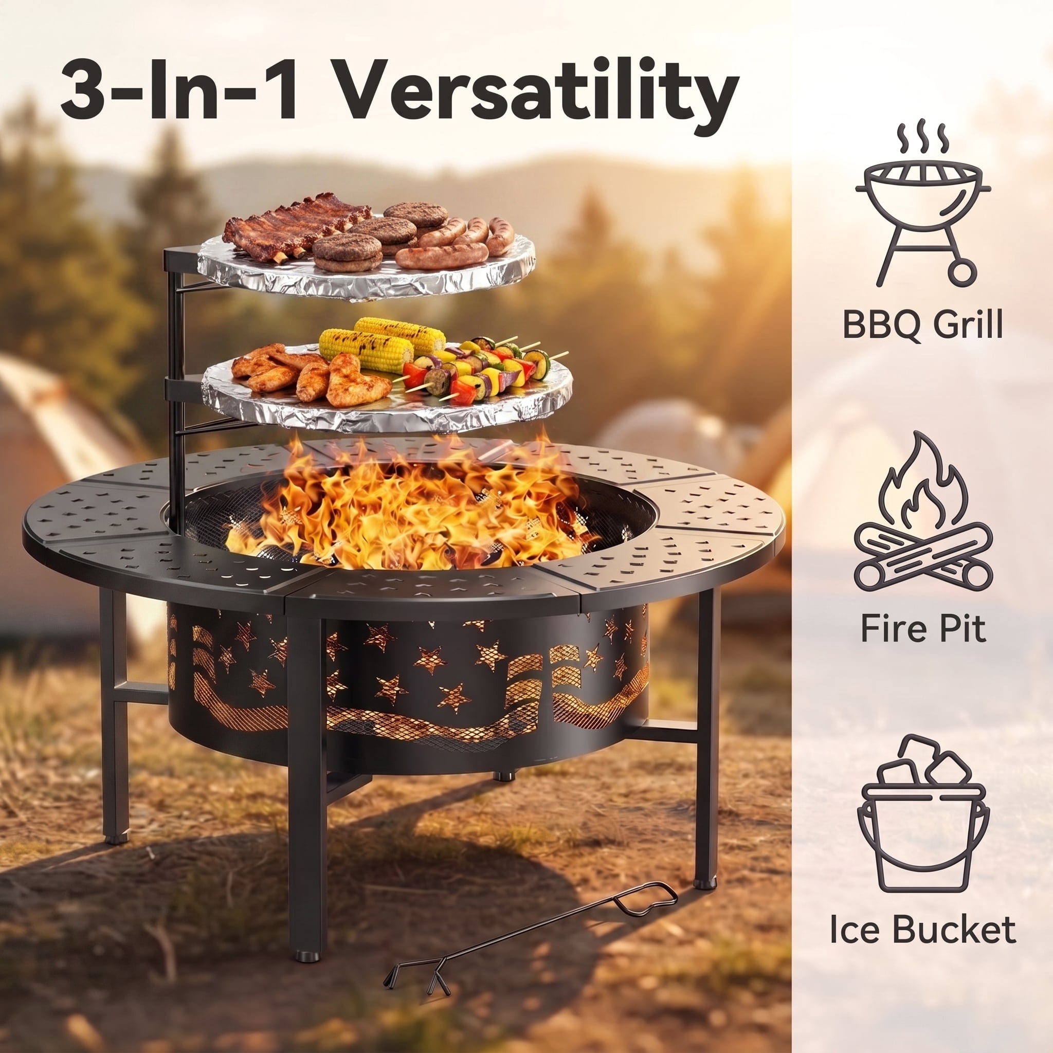 Prilinex 42" Fire Pit Outdoor with Poker, Large Round Fire Pits for Outside with 2 Adjustable Grills, Lid for Patio Backyard BBQ