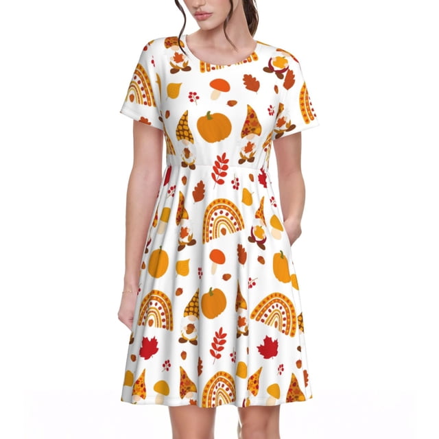 Balery Fall Gnomes Harvest Vestidos sueltos de manga corta para mujer, vestidos de verano 2025, vestidos casuales de corte A con vuelo.