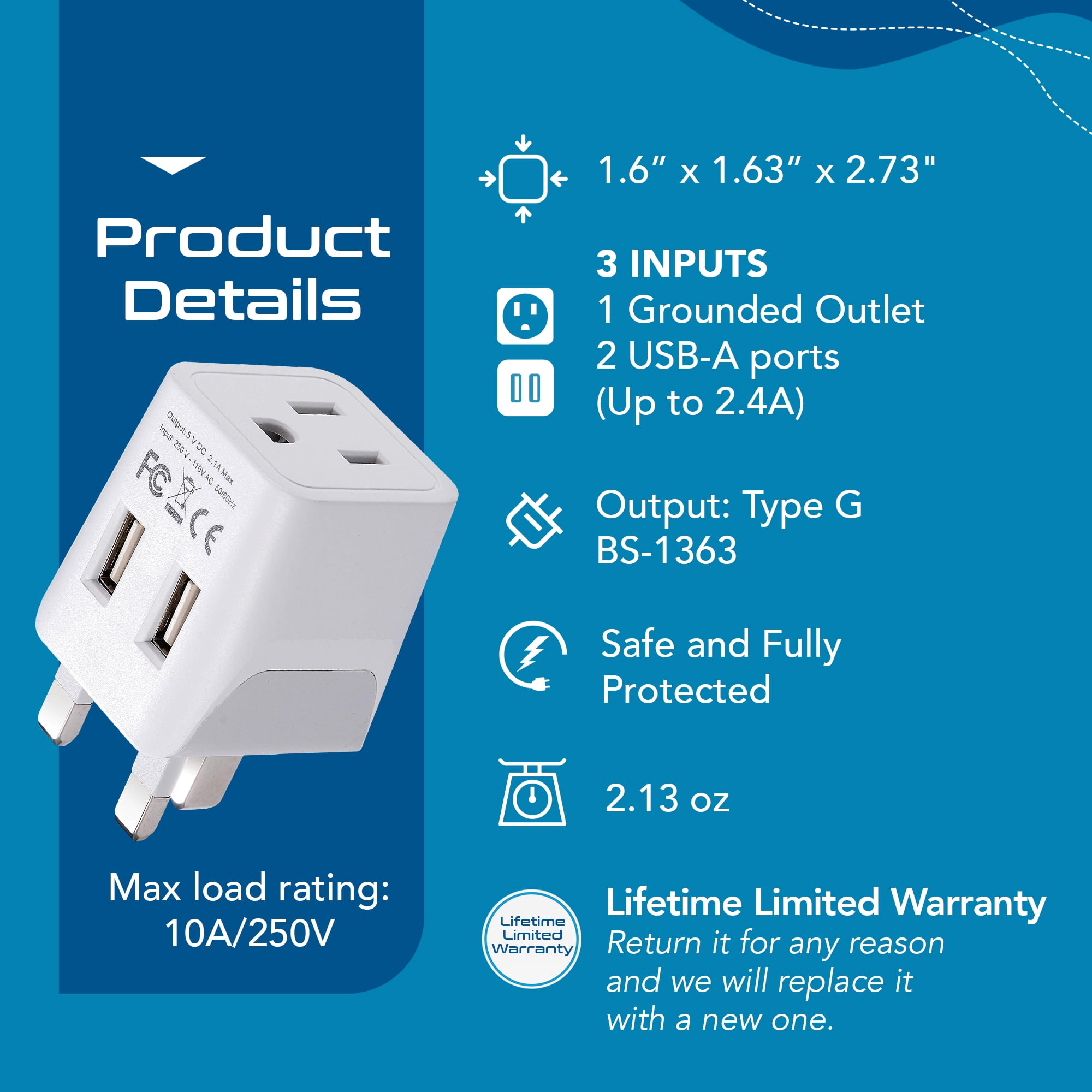 Ceptics CTU-7 UK, Dubai, Ireland Travel Adapter Plug - Type G - Dual USB Devices