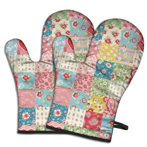 Pioneer Flower Floral Print Pattern Oven Mitt 2-Pack Set, Heat Resistant Kitchen Gloves, 7.7" X 12"