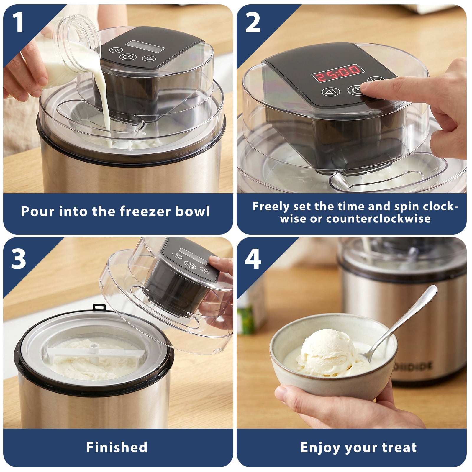 Ice Cream Maker, 2-Qt Insulated Freezer Bowl, LCD Screen and Timer, Quick Results, Easy to Operate and Clean