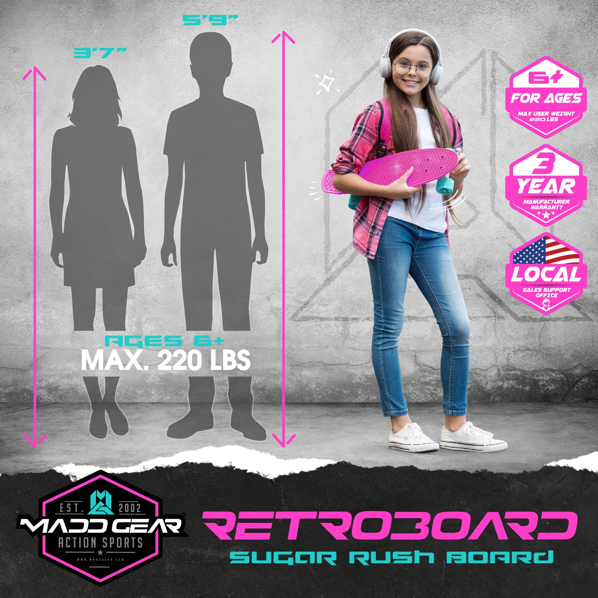 Madd Gear 22" Retro Beginner Skateboard Mini Cruiser- 62 mm Wheels  - Sugar Rush- Beginner Penny Style Board
