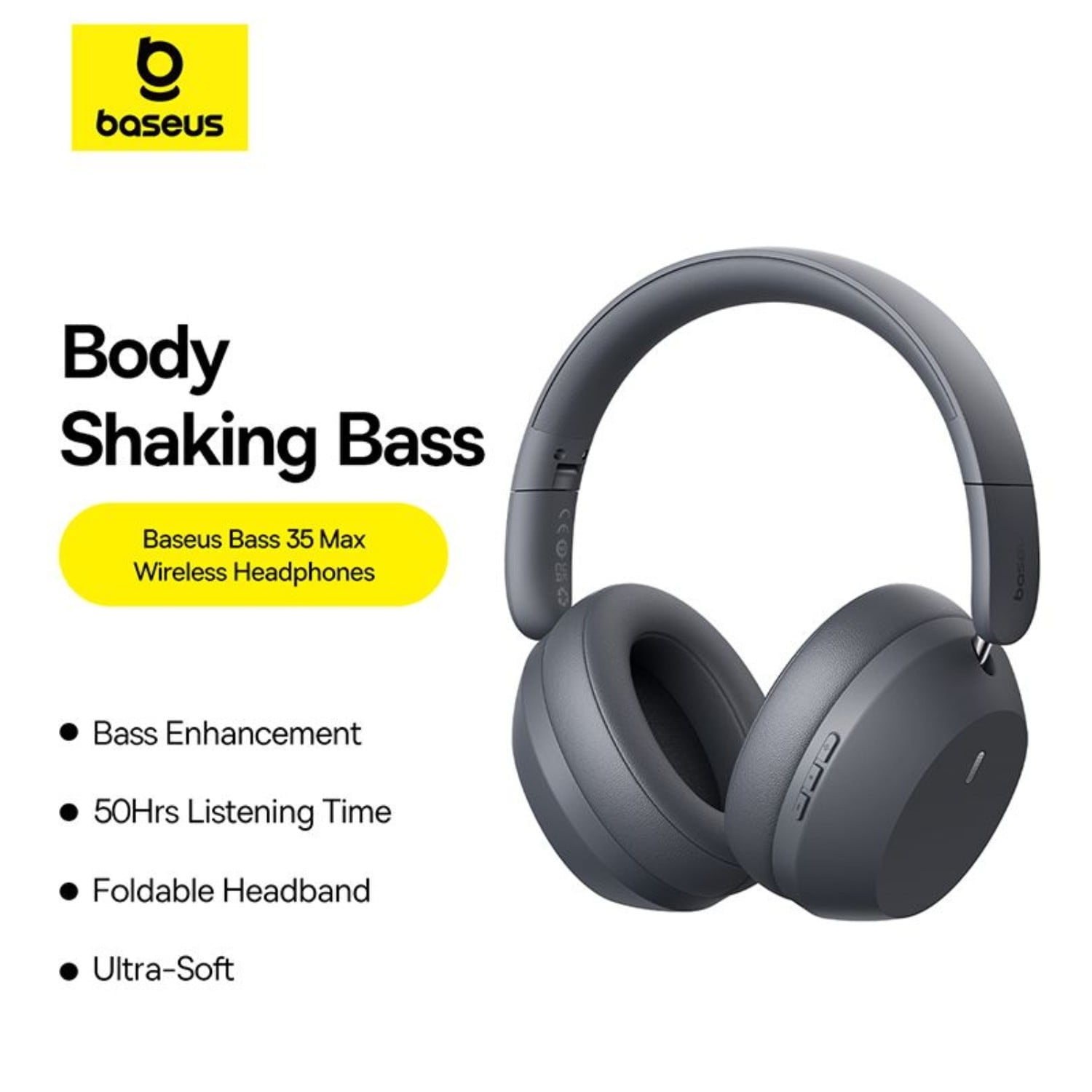 Baseus Bass 35 Max Over-Ear Wireless Headphones with Bluetooth 5.3, 50H Playtime, Deep Bass, Foldable & ENC Mic for Clear Calls, Gray