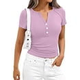 thumbnail image 6 of Qwertyu Womens Tops 2026 Spring Summer Top Henley V Neck Short Sleeve Button Slim Fit Casual Ribbed Knit Shirts Blouses Clothes Purple Pink 3XL, 6 of 7