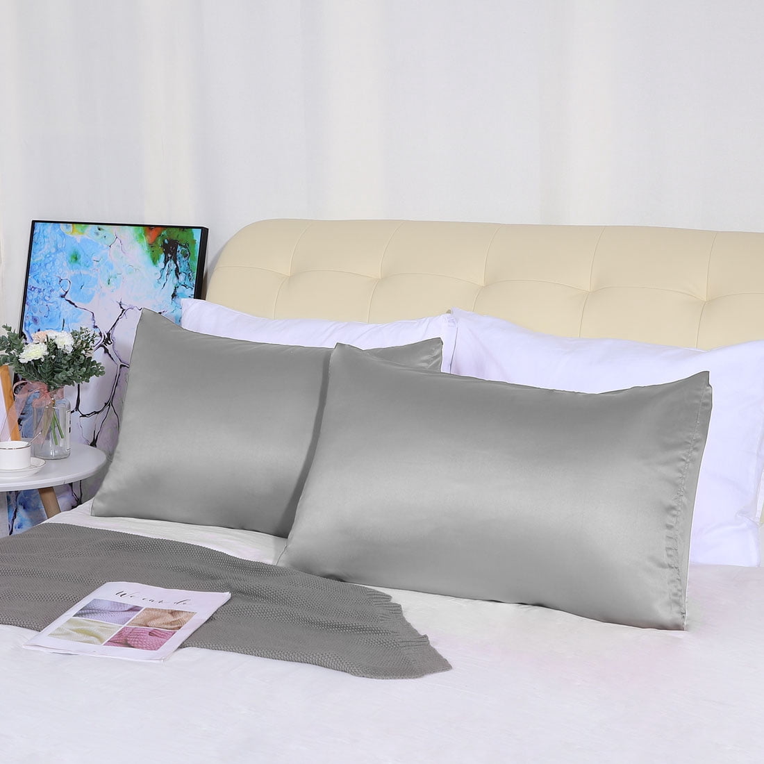 Unique Bargains Silky Satin Pillow Cases Covers Set of 2 Gray King