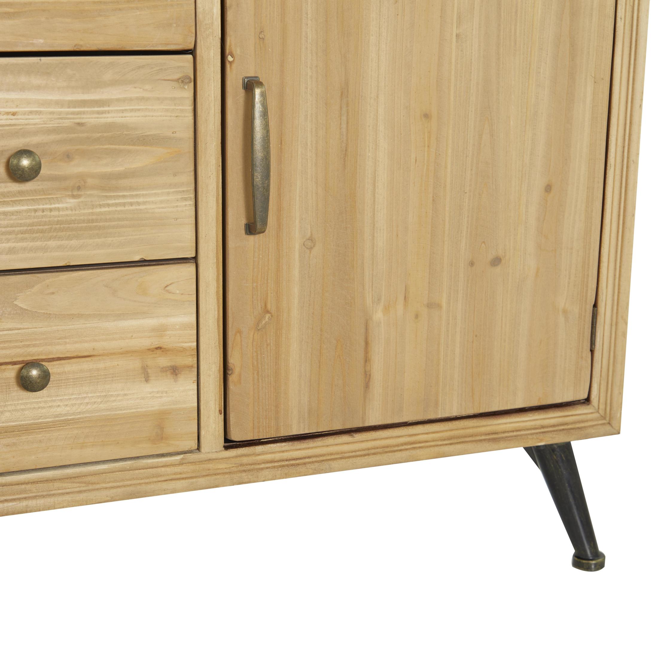 DecMode 59" x 31" Light Brown Wooden 2 Door and 3 Drawer Sideboard with Black Tapered Legs, 1-Piece