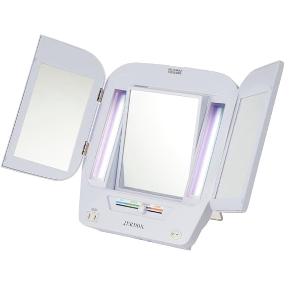JERDON Modern Tri-Fold Makeup Mirror with Lights - Vanity Mirror with 5X Magnification & Multiple Light Settings - White Base - Model JGL10W